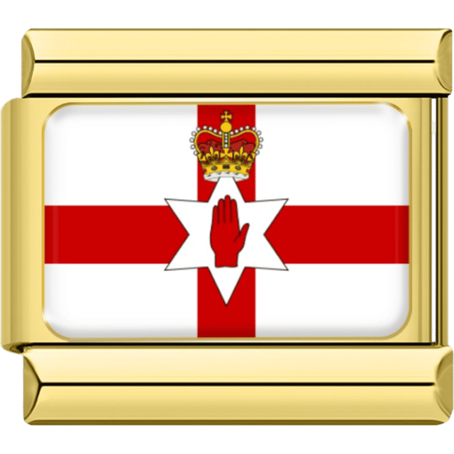 Gold-bordered Italian charm featuring the Saint George’s Cross with a white star, red hand, and royal crown on a white field representing Northern Ireland.